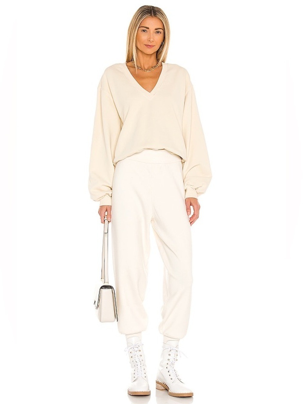 AGOLDE Low V-Neck Sweatshirt Medium Cream Ivory Heavyweight Pullover A7057 - Picture 8 of 14